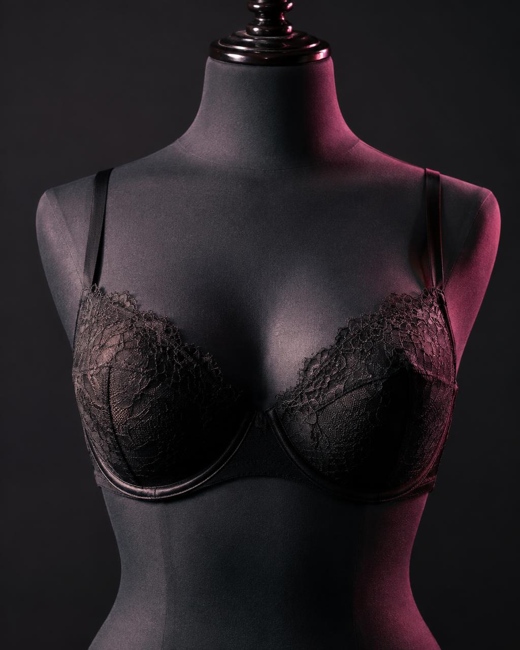 Placeholder editorial image of a black lace bra